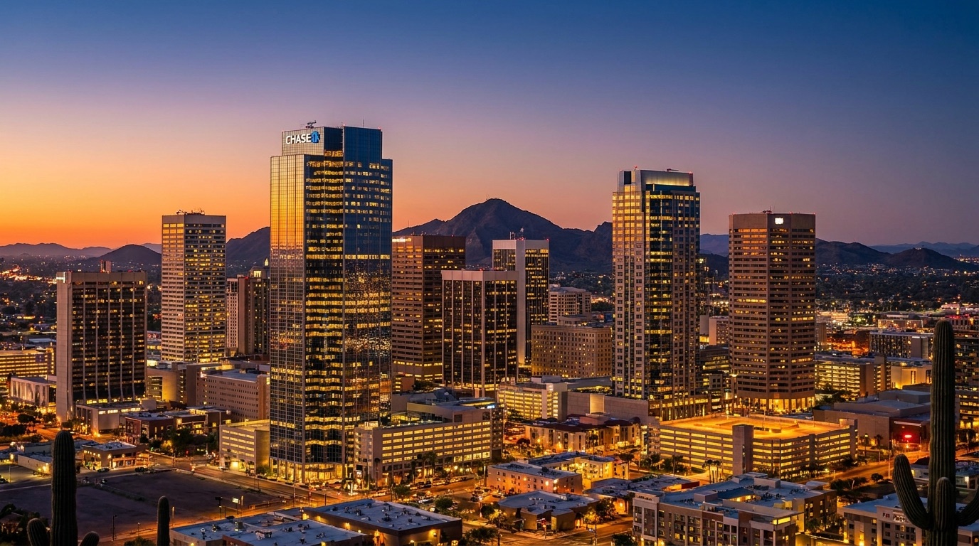 Phoenix, Arizona skyline at sunset with Camelback Mountain and saguaro cacti