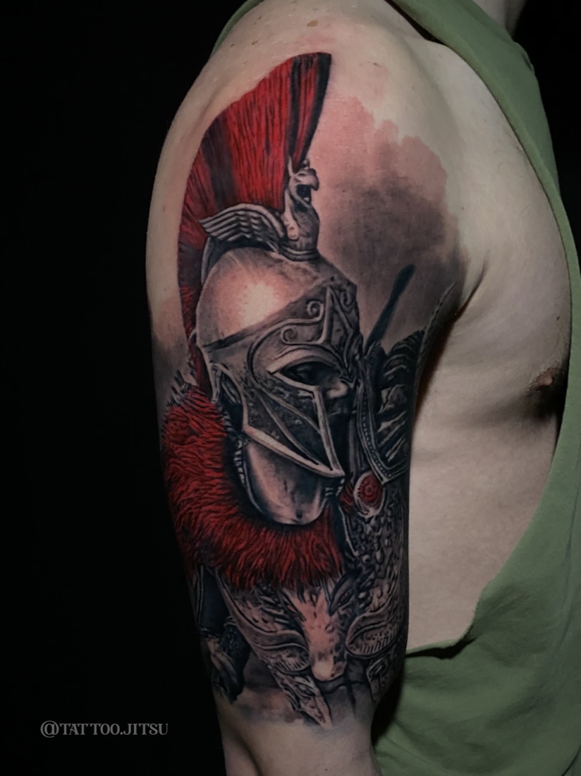 Spartan warrior half-sleeve in black and grey with red by Dan Mattingly