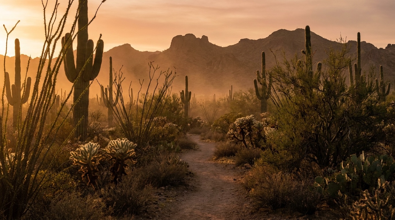 The Sonoran desert glowing under a hazy, dust-tinged Phoenix sunset