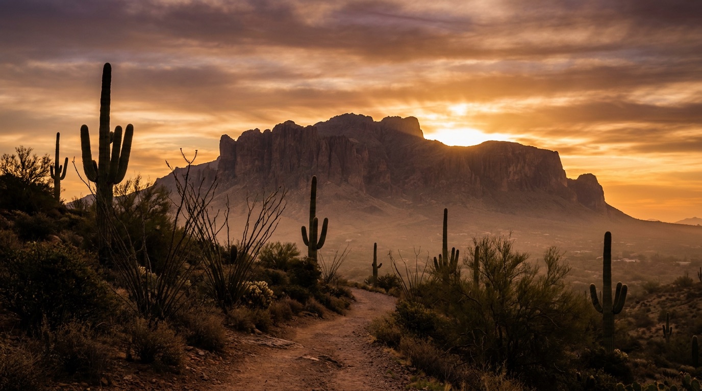 A desert trail at golden hour