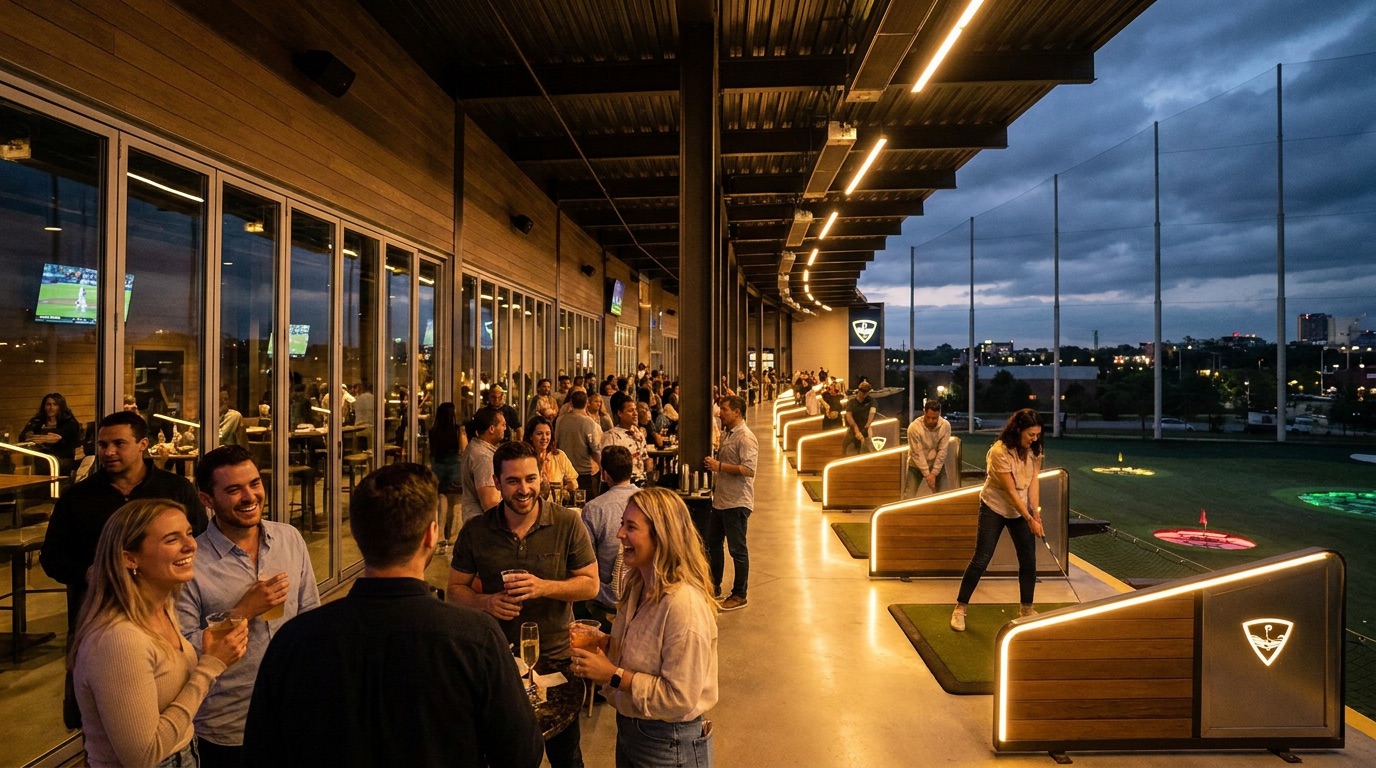 Indoor entertainment bays at night